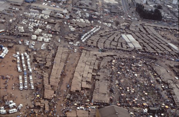 Aerial view of a dense informal market. Transport nodes and markets are often together. Abidjan, Côte d'Ivoire, 1991.